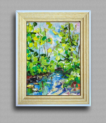 #ad ORIGINAL OIL PAINTING LANDSCAPE RIVER FOREST TREES SIGNED Framed small art 9*7quot; $52.00