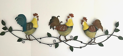 #ad Metal Wall Art Three Roosters amp; Vines Distressed Plaque 46quot; Farmhouse Chic $25.00