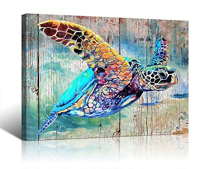 #ad Sea Turtle Bathroom Wall Decor Canvas Prints Life Teal Watercolor Painting Be... $69.90