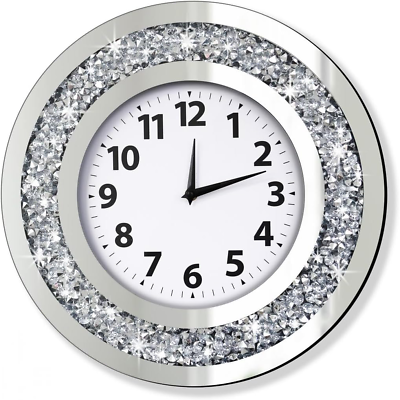 #ad Crystal Crushed Diamond Mirrored round Wall Clock 16X16X2 Inches for Wall Decora $83.12