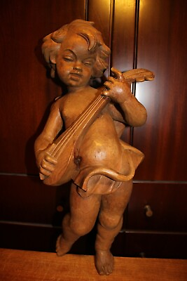 #ad 19TH 18quot; WOOD HAND CARVED FLYING ANGEL CHERUB PUTTO WALL FIGURE STATUE SCULPTURE $490.00