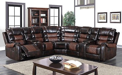 #ad NEW 115quot; Two Tone Brown Leather 2 Recliner Sectional Traditional Rustic Living $1899.99