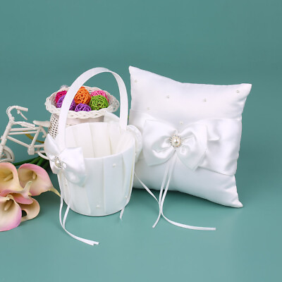 #ad Wedding Satin Decor Bearer Pillow Flower Girl Basket Set P8J5 $12.92