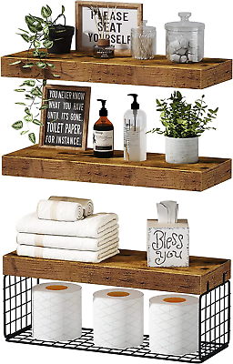 #ad Rustic Brown Bathroom Shelves Set of 3 Wall Mounted Floating Shelves with Toil $57.64