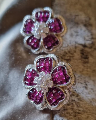 #ad Vintage Flower Cluster Stud Earrings 14K White Gold 3.00Ct CZ Wedding Earrings $297.61