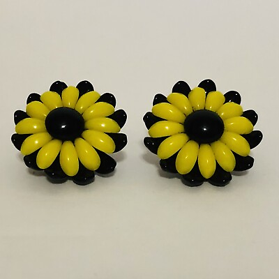 #ad Vintage Flower Yellow Black Glass Clip Earrings Western Germany 1quot; $32.00