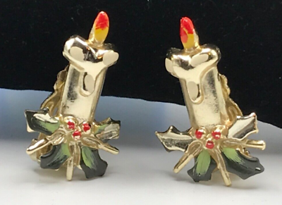 #ad Vintage Enamel over metal Christmas Candles Clip Earrings Set 1.25” $19.99