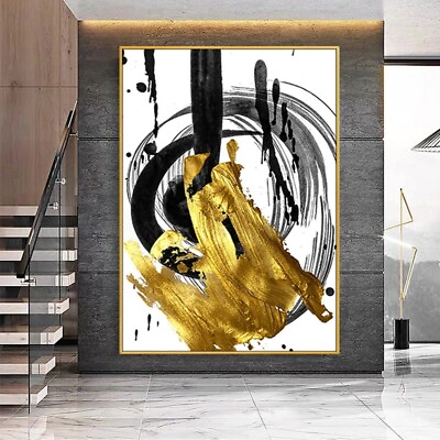 #ad Canvas Wall Art Black and White Hand Painted Oil Painting Gold Artwork Big $99.00