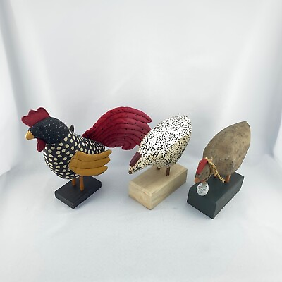#ad Lot of 3 Chicken Rooster Figurines Wood and Stuffed Cloth Rustic Rooster Decor $29.99