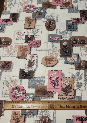 #ad Vintage Cotton Fabric Country Kitchen Flowers Herbs Pink Gray Brown 3 2 3 Y x 36 $22.00