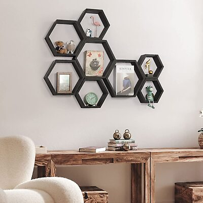 #ad Hexagonal Floating Shelves Wall Mount Set of 8 Wood Farmhouse Storage Wall Shelf $34.99