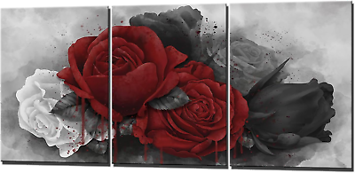 #ad Black and White Red Rose Wall Art Canvas Abstract Flower Picture Painting for Be $28.99