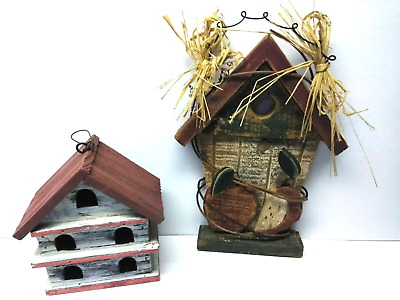 #ad #ad 2x Rustic Distressed Farmer#x27;s Market Barn Farmhouse Birdhouse amp; Hanging Perch $28.15