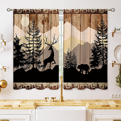 #ad Rustic Cabin Forest Small Kitchen Curtains Woodland Farmhouse Brown Window Bear $26.89