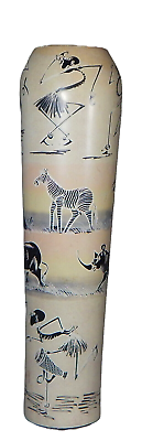 #ad Tall African Carved Pottery Vase Very Heavy Animals Figures Drums 15quot; MINT $54.95