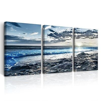 #ad Blue Beach Sea Wave Wall Paintings Large Wall Decor For Living Room Canvas Wa... $138.38