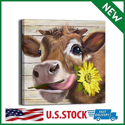 #ad Cow Pictures Wall Decor Country Farmhouse Canvas Wall Art Rustic Sunflower Bathr $18.39
