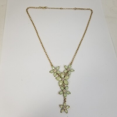 #ad Vintage Flower Green Rhinestone Pendant Gold Tone Y Necklace $17.99