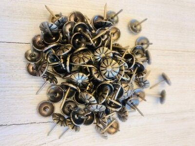 #ad Antique Brass Upholstery Tacks Furniture Nails Push Pins Vintage Flower Pattern $9.99
