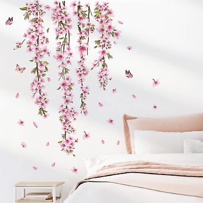#ad Pink Blossom Flower Wall Decals Hanging Vine Wall Stickers Bedroom Living Roo... $21.96