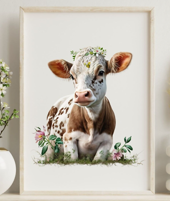 #ad #ad Cow Wall Art Print Cow With Flowers Art Print Farmhouse Wall Art Decor $9.99