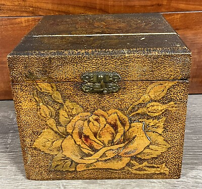 #ad Flemish Art Co 685 Decorated Trinket Box Roses Pyrography 6”x5.25”x6” $39.99