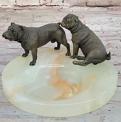 #ad Hot Cast Onyx Marble Base English Bulldog Dog Ashtray Sculpture Art Deco $349.00