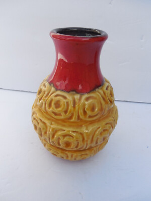#ad Mid Century Art Pottery Modern Vase Red Yellow 7474 74 5 5 8quot; high $50.33