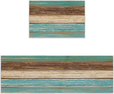 #ad Rustic Teal Kitchen Rugs and Mats Farmhouse Wood Board Turquoise Washable $74.99