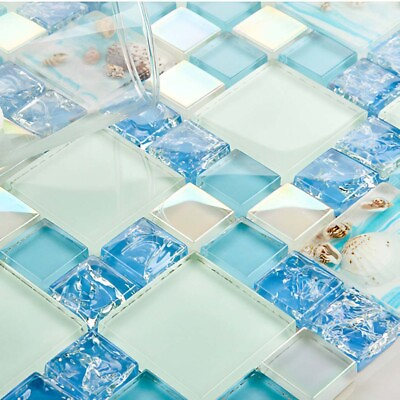 #ad Glossy Glass Tile Crackle Mosaic Wall Tiles Blue Sky Coastal Kitchen Backsplash $185.83
