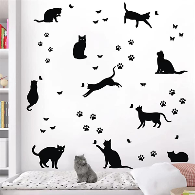 #ad Black Cat Wall Stickers for Kids Cat Wall Decals Bedroom Cat Vinyl Sticker Wall $18.61
