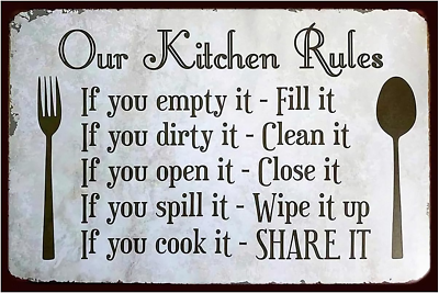 #ad Kitchen Tin Sign Metal Poster Vintage Wall Art Décor Our Kitchen Rules Funny D $19.85