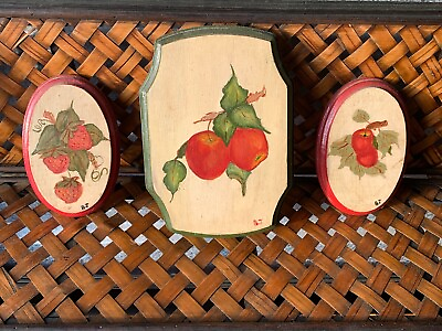#ad Antique Primitive KITCHEN WALL ART Handpainted Apple amp; Strawberry SET 3 ❤️sj17j $25.00