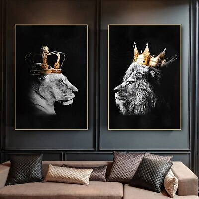 Abstract Wall Art Poster Print Black Lion King and Lioness Canvas Painting Decor $36.65