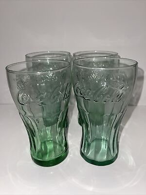 #ad 4 Vintage green glass Coca Cola cups retro soda pop kitchen decor vintage $10.00