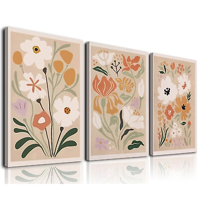 #ad Set of 3 Minimalist Abstract Flower Canvas Wall Art Framed Boho Style Prints $269.99