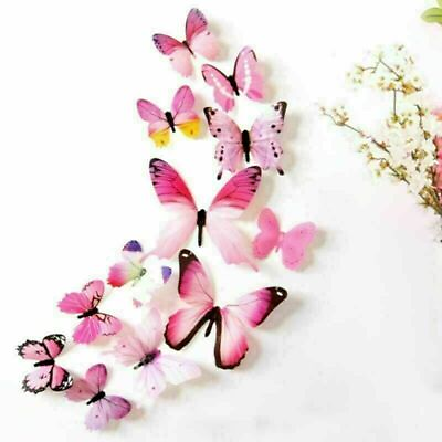 #ad 12PCS Butterfly Wall Stickers Girl Home Room Decor Magnet 3D Art Decals DIY Pink $4.99