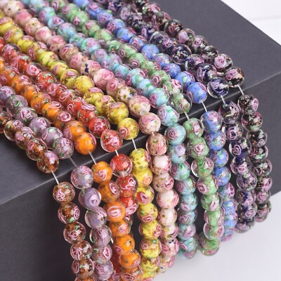 #ad #ad 10pcs 8mm Round Handmade Flower Foil Lampwork Glass Loose Beads For DIY Jewelry $2.98