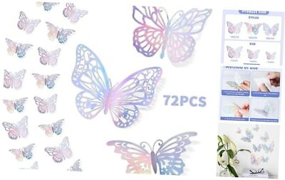 #ad 72PCS 3D Butterfly Wall Decor 3 Styles 3 Sizes Metallic Laser Silver $13.71
