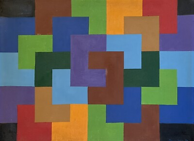 #ad VINTAGE MID CENTURY MODERN ART GEOMETRIC ABSTRACT PALLET OIL PAINTING SIGNED $239.99