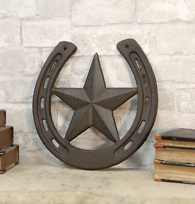 #ad 10quot;W Rustic Cast Iron Cowboy Horseshoe With Western Star Wall Decor Art Plaque $27.99