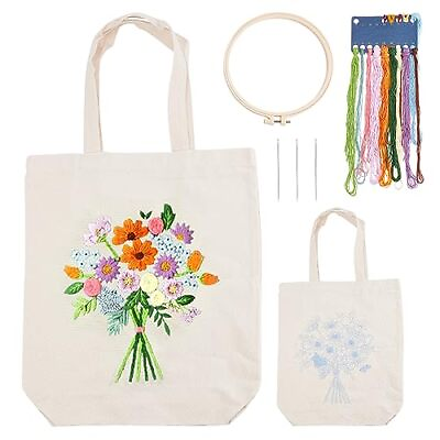 #ad DIY Canvas Tote Bag Embroidery Kit Flower Pattern Canvas Bag Materials Makin... $28.84
