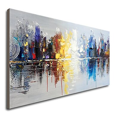 #ad Hand Painted Cityscape Modern Oil Painting on Canvas Reflection Abstract Wall... $109.16
