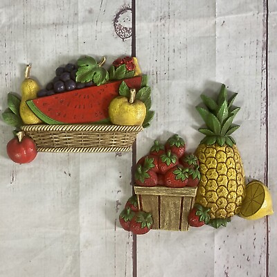 #ad Vintage Homco Home Interior Fruit Basket Wall Plaque Decor Set 1970s Retro 10x7 $40.00