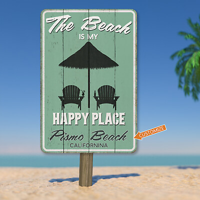 #ad Beach Sign Custom Name Happy Place Beach House Ocean Waves Nautical 108120130002 $20.95
