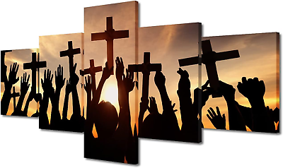 #ad 5 Pieces Cross and Praying Wall Art Painting on Canvas Spiritual Bedroom Wall Ar $54.51