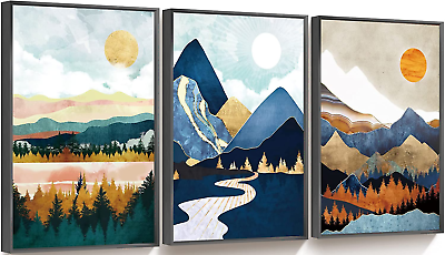 3 Piece Metal Framed Canvas Wall Art Shining Sun over Blue Mountain Abstract For $187.99