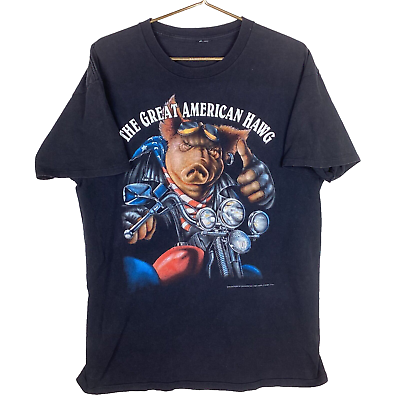#ad Vintage 3D The Emblem Great American Hawg T Shirt Large 1993 Black 90s $114.74