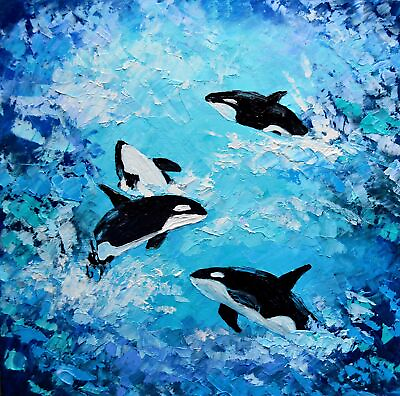 #ad Original painting Orcas Wall Art Pacific Ocean Whale Nautical Artwork 12 x 12quot; $65.00