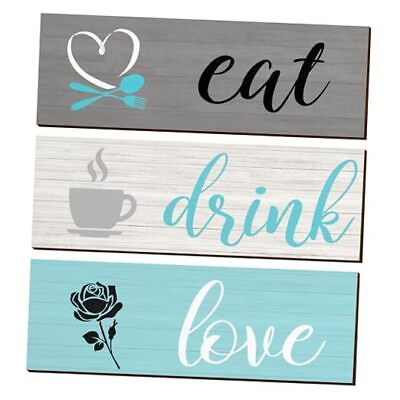 #ad Kitchen Wall Decor 3 Pcs Eat Drink Love Signs Wood Plaque Kitchen Wall Fresh $17.05